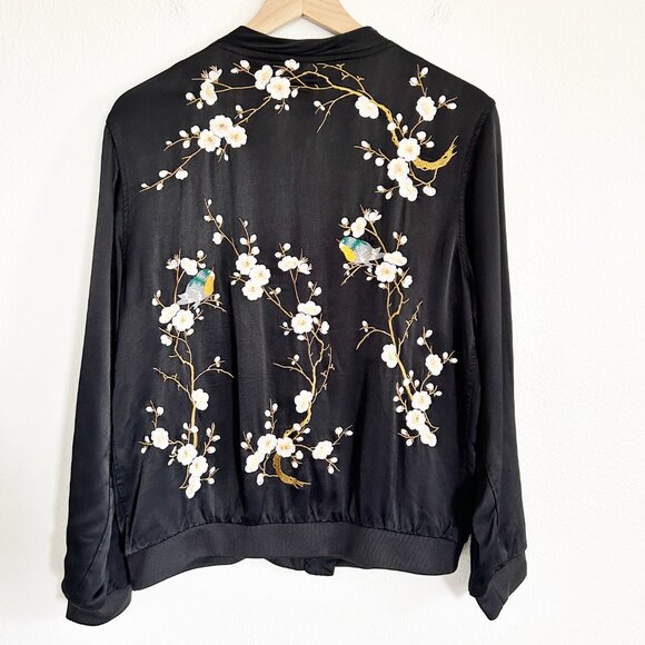 Zara Jacket M Black Satin Embroidered Asian Floral Bird Full Zip Bomber - Picture 7 of 11